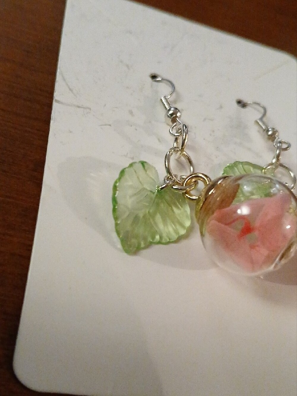 Handmade Pink Glass Flower & Green Leaf Dangle Earrings - Picture 4 of 8